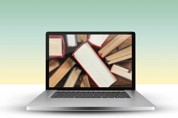 Laptop Met Met Scherm Tegen Bovenaanzicht Van Diverse Boeken Tafel — Stockfoto