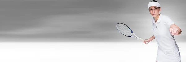 Digital Komposit Tennis Spelare Kvinna Med Grå Bakgrund Med Racket — Stockfoto