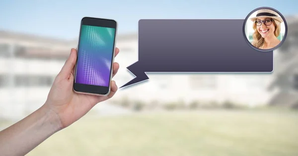 Digital Komposit Messaging App Telefonen Handen Med Chatt Profil — Stockfoto