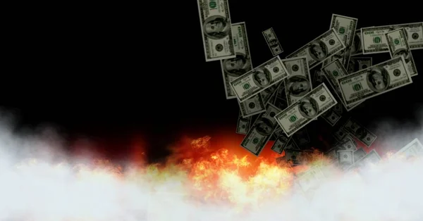 Digital Composite Dollar Money Notes Burning Fire — Stock Photo, Image