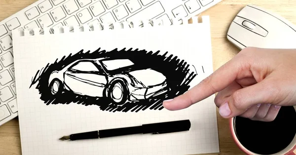 Ψηφιακός Σύνθετος Σκίτσο Του Αυτοκινήτου Και Χέρι Δείχνοντας — Φωτογραφία Αρχείου