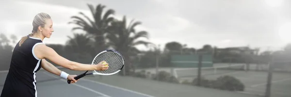 Composto Digital Jogador Tênis Mulher Com Fundo Cinza Com Raquete — Fotografia de Stock