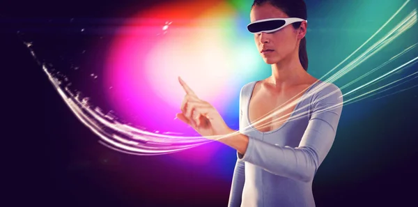 Woman Pointing While Using Virtual Video Glasses White Background — Stock Photo, Image