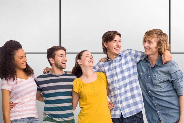 College Students Standing Arms White Tiling — Stock Photo, Image