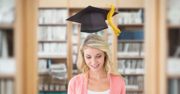 Digital Composite Student Woman Education Library Graduation Hat — Stock Photo, Image