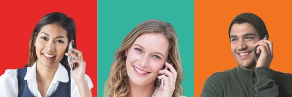 Digitale Composiet Van Mensen Telefoons Kleurrijke Vierkante Secties — Stockfoto