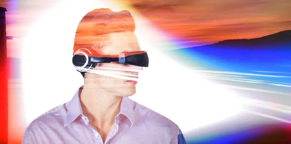 Handsome Young Man Virtual Reality Simulator Scenic View Lake Mountain — Stock Photo, Image