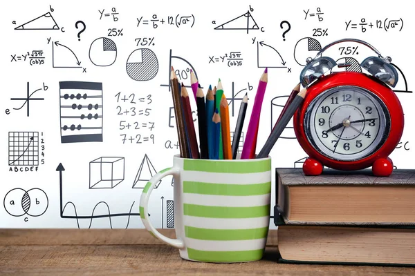 Books Alarm Clock Colored Pencils Mug Table White Background — Stock Photo, Image