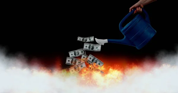 Digital Composite Wasting Money Notes Burning Fire — Stock Photo, Image