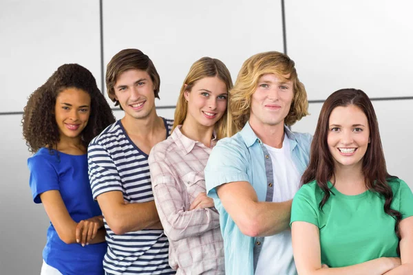 College Students Arms Crossed White Tiling — Stock Photo, Image