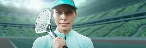 Composto Digital Jogador Tênis Mulher Com Estádio Com Raquete — Fotografia de Stock