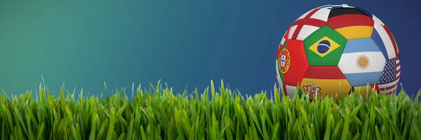 Piłka Nożna Barwach Narodowych Multi Przeciwko Zbliżenie Mata Trawa — Zdjęcie stockowe