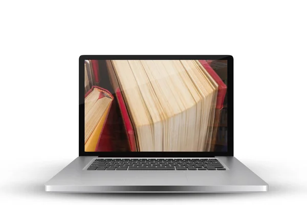 Laptop Mit Bildschirm Gegen Diverse Hardcover Bücher — Stockfoto