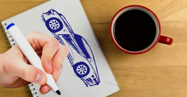 Ψηφιακός Σύνθετος Σκίτσο Του Αυτοκινήτου Και Χέρι Σχεδίασης — Φωτογραφία Αρχείου