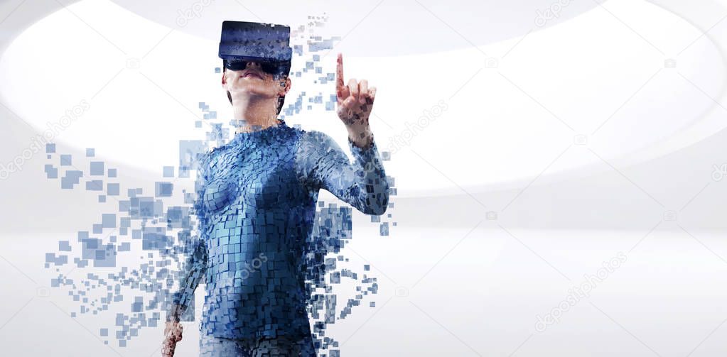 Digital composite of woman with an augmented reality simulator against full length of gray pixelated 3d woman