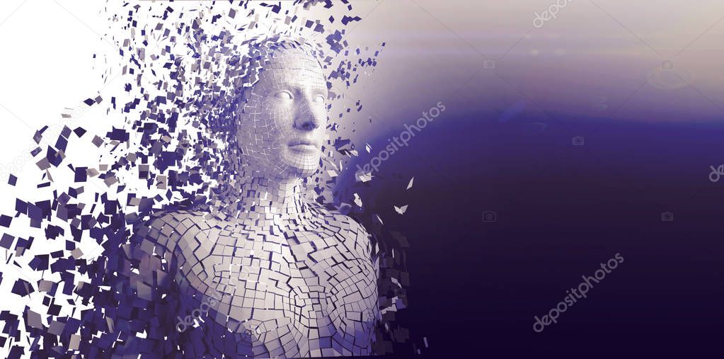 Digital composite image of pixelated gray 3d man