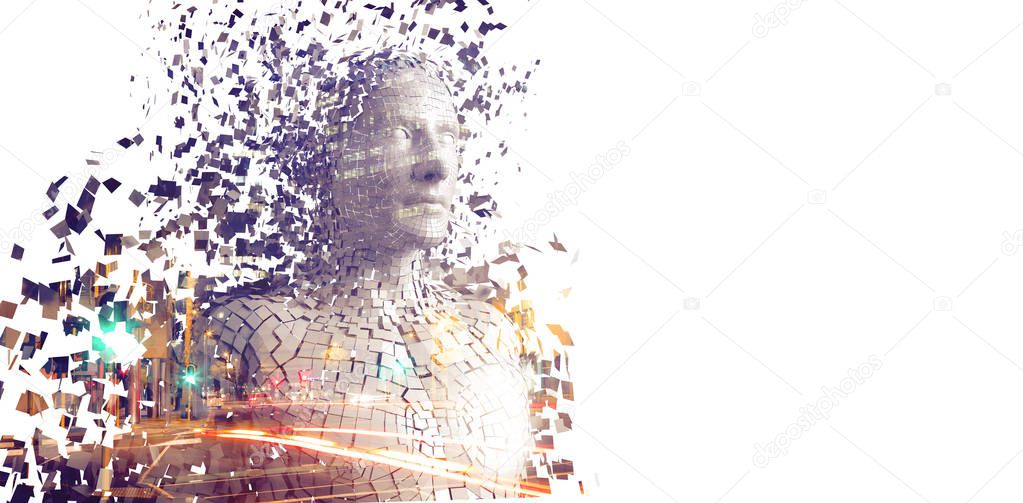 Digital composite image of pixelated gray 3d man