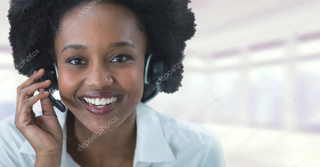 Digital composite of Customer service woman with bright background in call center