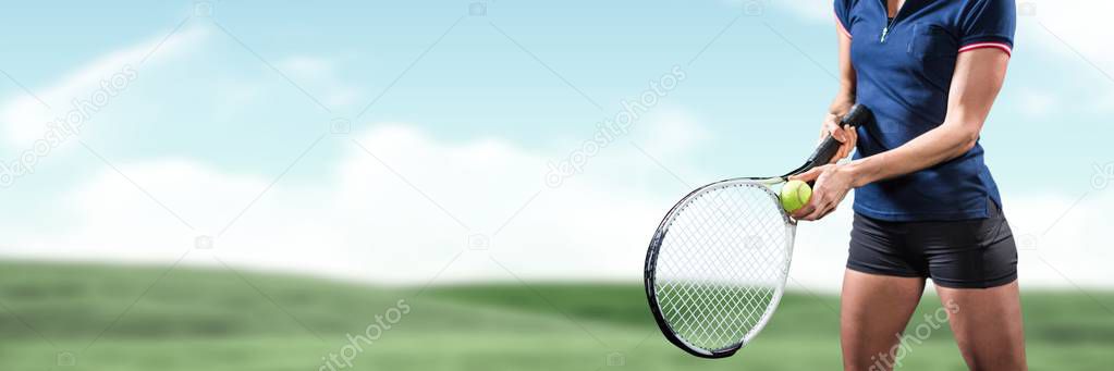 Digital composite of Tennis player woman with sky background with racket