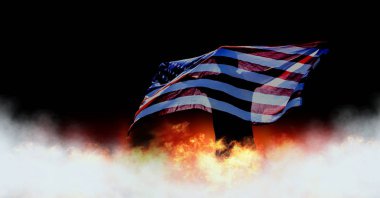 Digital composite of Patriotic Man holding America flag and burning fire clipart