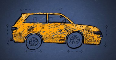 Araba el çizimi taslağını dijital bileşik