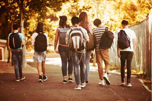 Vista Trasera Los Niños Escuela Caminando Por Carretera Campus Escuela — Foto de Stock