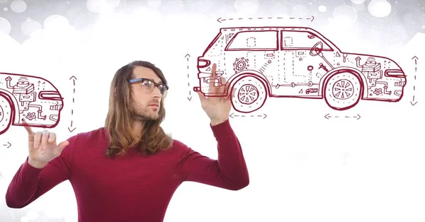 Цифровий Композит Творчого Інженера Ескізом Креслення Ручної Роботи Автомобілів — стокове фото