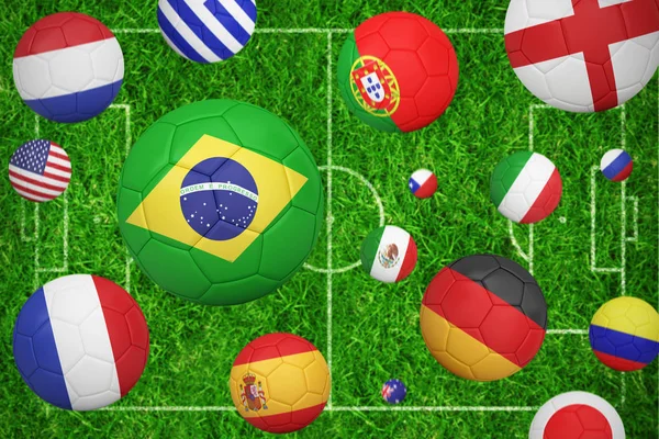 Balones Fútbol Varios Colores Bandera Contra Vista Cerrada Hierba —  Fotos de Stock