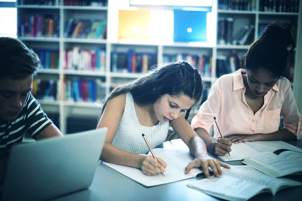 Studenti Attenti Che Studiano Biblioteca Scuola — Foto Stock