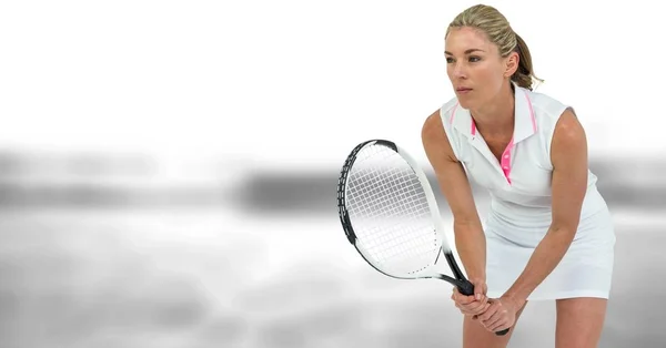 Digitalkomposit Der Tennisspielerin Frau Mit Grauem Hintergrund Mit Schläger — Stockfoto