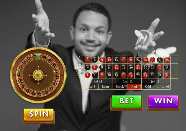 Digital Composite Man Throwing Casino Chips Roulette Interface Table — Stock Photo, Image
