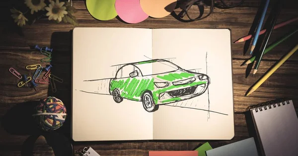 Ψηφιακός Σύνθετος Σκίτσο Του Χεριού Του Αυτοκινήτου Σχεδίασης Μαξιλάρι Σκίτσων — Φωτογραφία Αρχείου