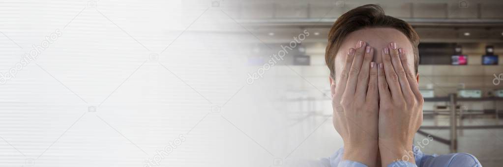 Digital composite of Businesswoman worried and stressed in airport with hands over face at check in with transition