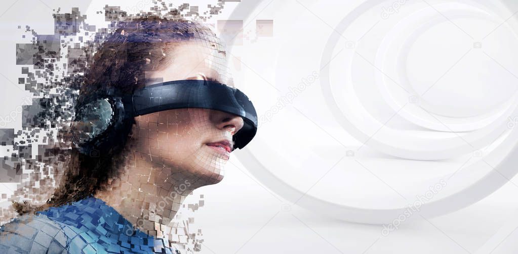 Digital composite of woman with a virtual reality simulator against digital gray pixelated 3d man