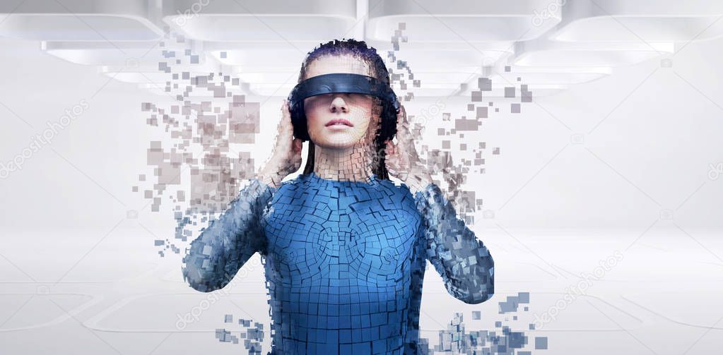 Digital composite of woman with a virtual reality simulator against close-up of pixelated gray 3d man