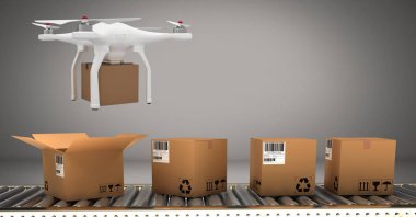 Konveyör bant teslim parsel kutuları ile akıp dronun dijital bileşik