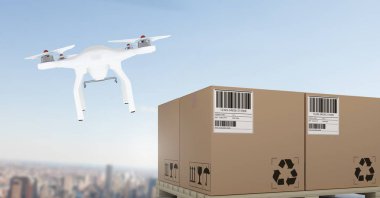 Şehir teslim parsel kutuları ile uçan dronun dijital bileşik