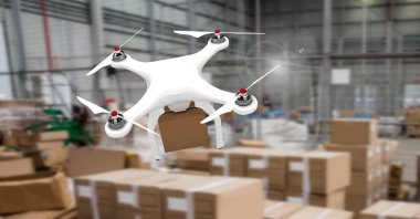 Ambara teslim parsel kutuları ile göre uçan dronun dijital bileşik