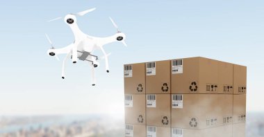 Şehir teslim parsel kutuları ile uçan dronun dijital bileşik