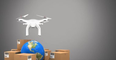 Teslimat parsel kutuları ve dünya küre ile uçan dronun dijital bileşik