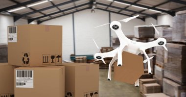 Depo teslim parsel kutuları ile uçan dronun dijital bileşik