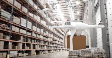 Ambara teslim parsel kutusu ile uçan dron dijital bileşik