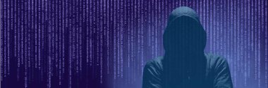 Anonim Hacker mor arka plan dijital bileşik