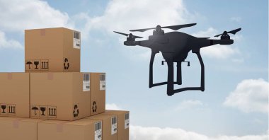 Tarafından teslim parsel kutuları ile gökyüzü uçan dronun dijital bileşik