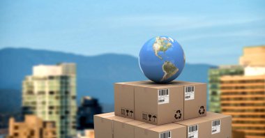 Dünya küre ve şehir teslim kutulardan dijital bileşik