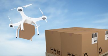 Tarafından teslim parsel kutuları ile gökyüzü uçan dronun dijital bileşik