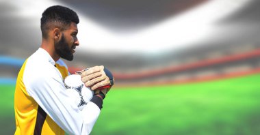 Futbol oyuncu topu Futbol stadyumunda kompozit görüntü dijital bileşik