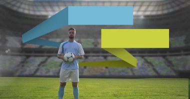 Boş Infographic panelleri ve futbol oyuncu futbol stadyumunda dijital bileşik