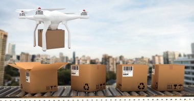 Şehir teslim parsel kutuları ile konveyör bant akıp dronun dijital bileşik