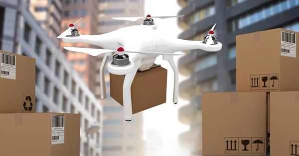 Digital composite of Drone flying by city with delivery parcel boxes